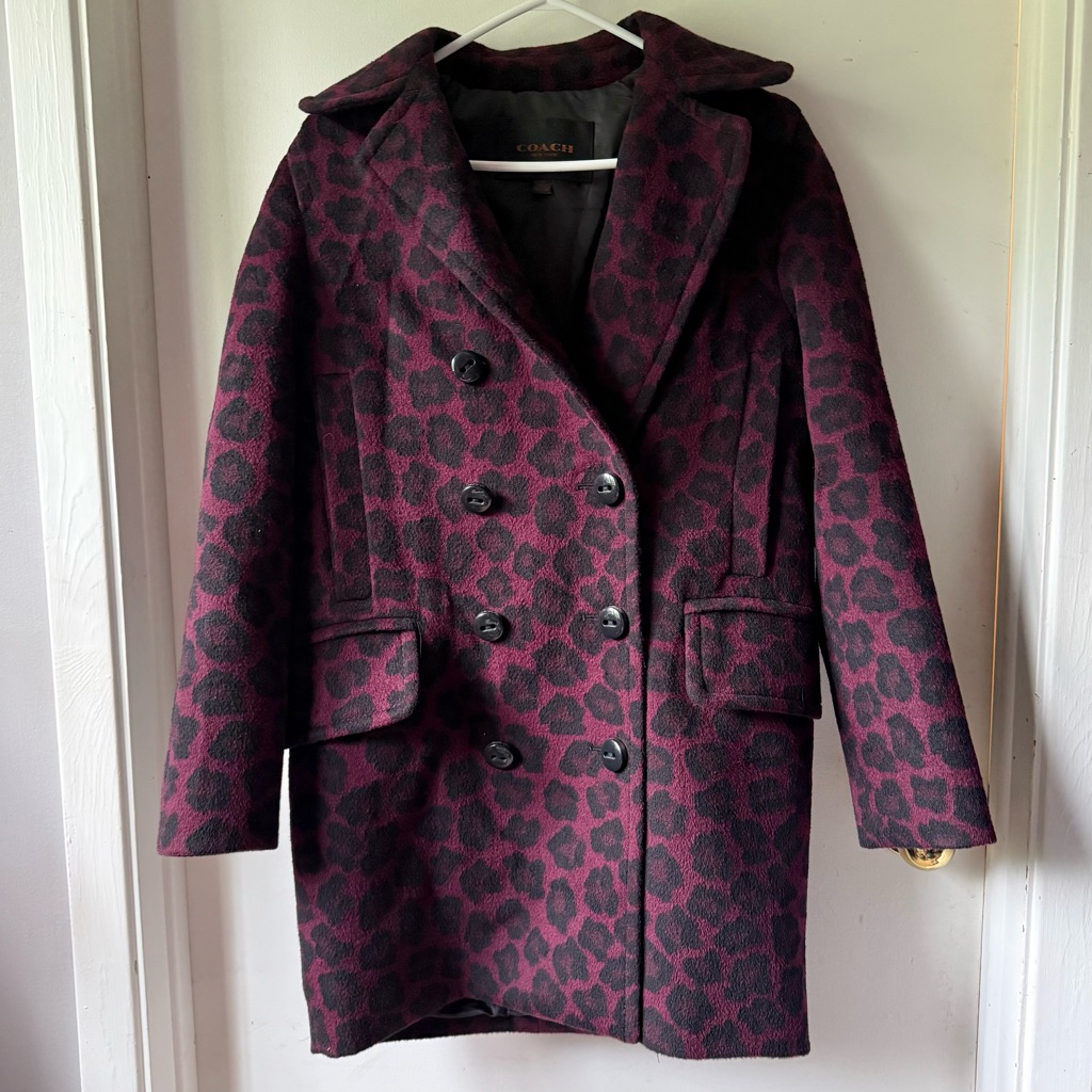 Coach Ocelot Black & Burgundy Long Pea Coat, Double-Breasted Wool Blend, Xs